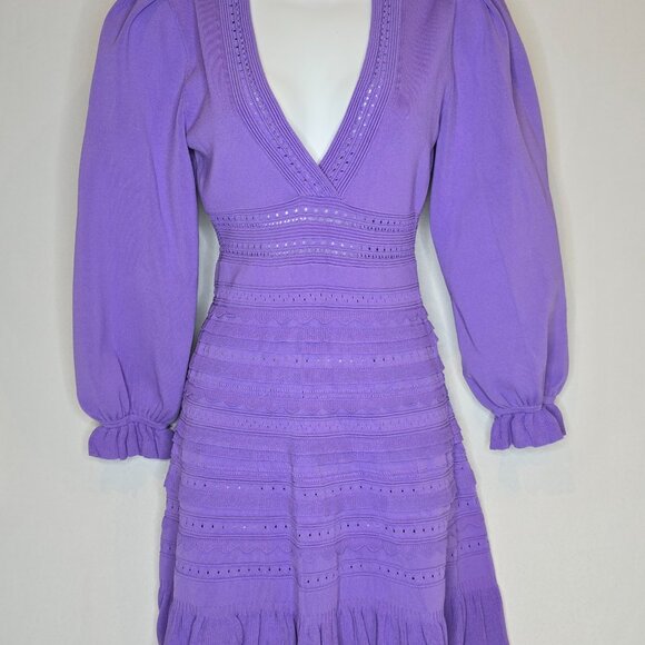 Sandro Ombre Balloon-sleeved V-neck Stretch-knit Mini Dress in Violet, NWT - Picture 2 of 7